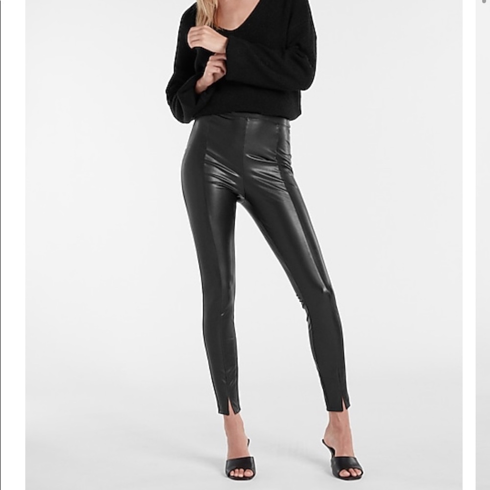 Express Hi Waist Faux Leather Leggings Pants Skinny Leg Front Slit Sz Small New